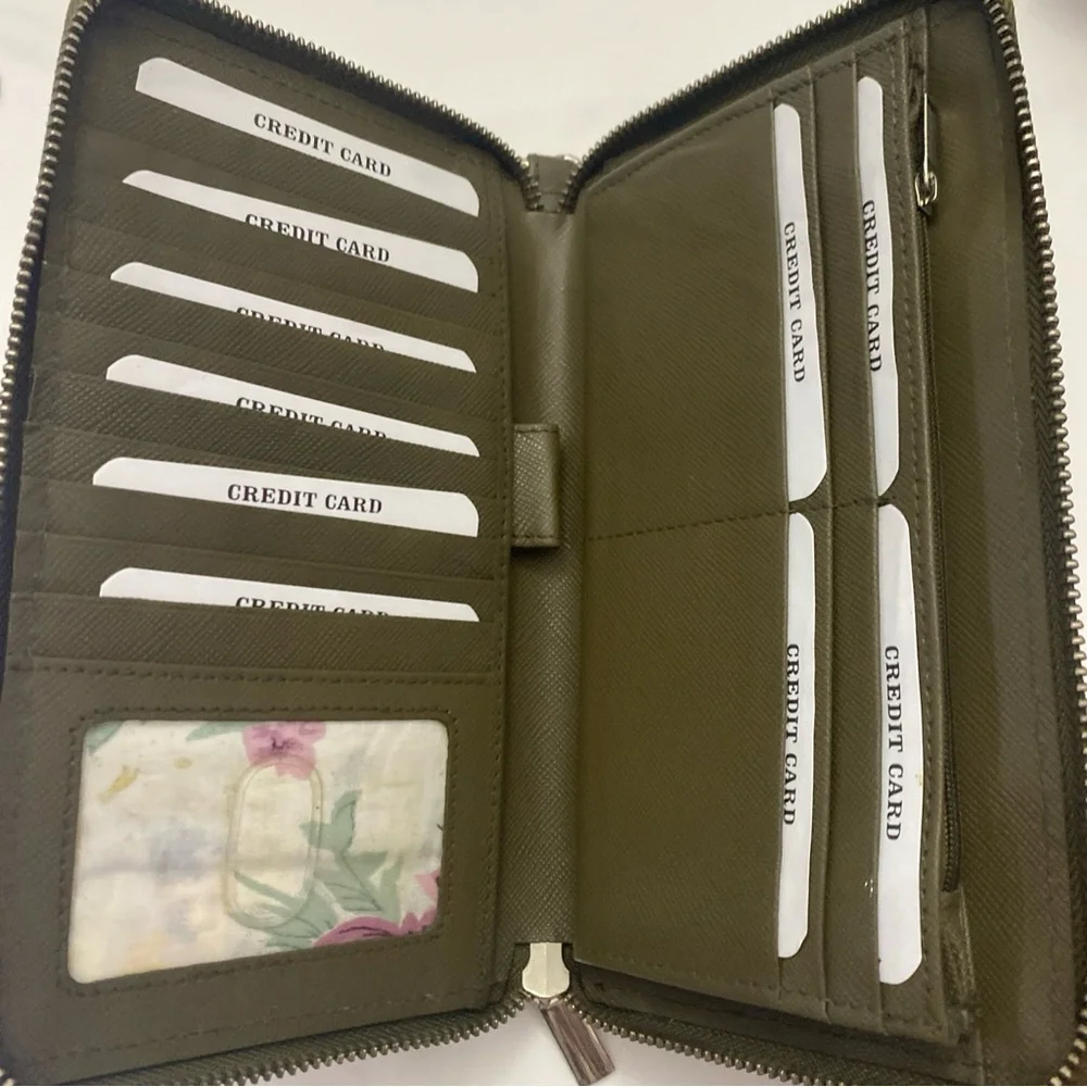 Estalon Womens Zip around Leather RFID Protection Wristlet Wallet Khaki Saffiano